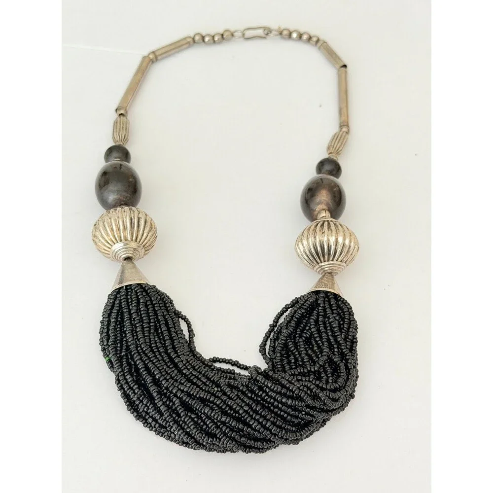 Vintage Silver Tone & Black Multi-Strand Seed Bead Bib Statement Necklace
